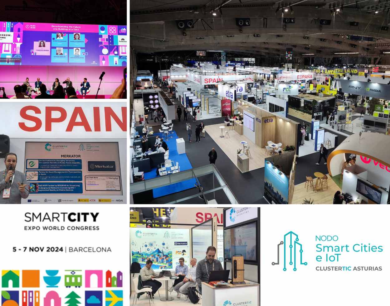 Collage presencia Cluster TIC Asturias y Nodo Smart Cities e IoT de Asturias en la feria Smart City Expo World Congress Barcelona 2024